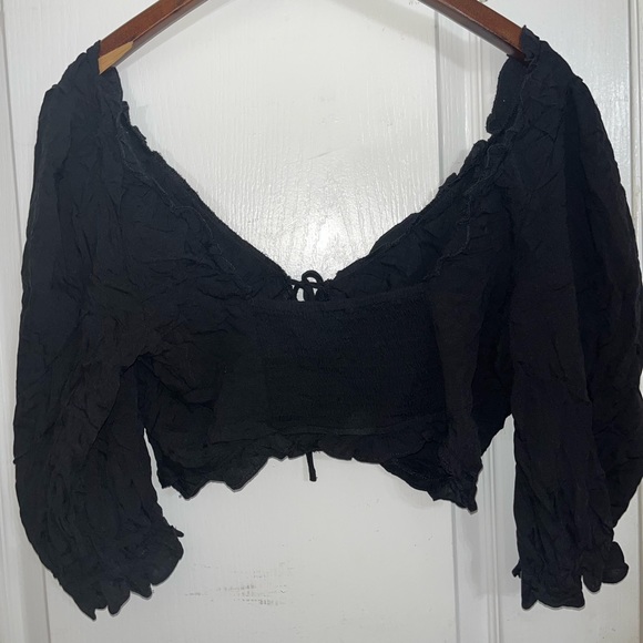 SHEIN Ruffled Self-Tie Puff Sleeve Crop Top in Black — Large - Picture 7 of 7